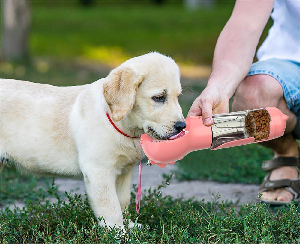 Portable Dog Water Bottle, Outdoor Dog Water Dispenser with Poop Bag, Pet Travel Water Bottle Dispenser with Drinking Feeder and Food Container for Dogs Walk Travel