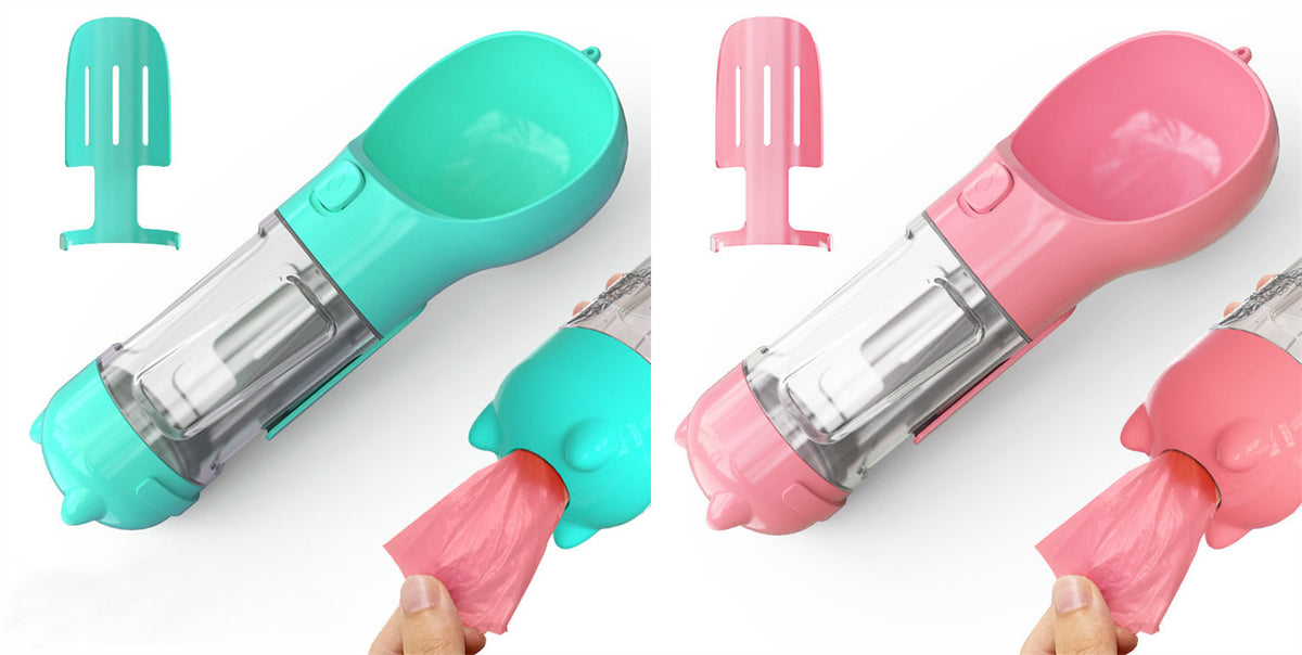 Portable Dog Water Bottle, Outdoor Dog Water Dispenser with Poop Bag, Pet Travel Water Bottle Dispenser with Drinking Feeder and Food Container for Dogs Walk Travel