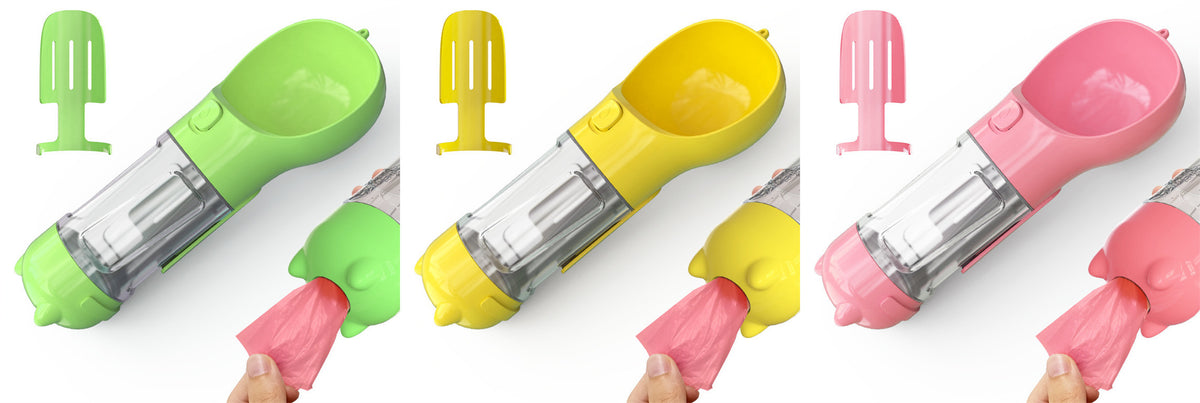 Portable Dog Water Bottle, Outdoor Dog Water Dispenser with Poop Bag, Pet Travel Water Bottle Dispenser with Drinking Feeder and Food Container for Dogs Walk Travel