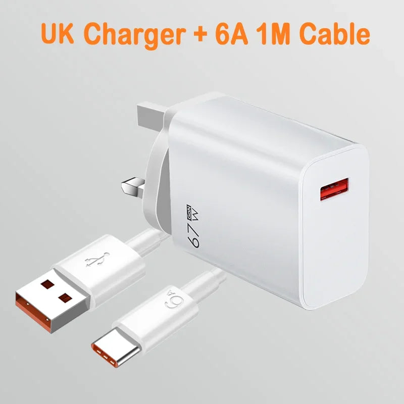 USB C Charger Block 67W Fast Charging Wall Charger Type C Power Adapter PD QC 3.0 Quick Charge Plug for Xiaomi Poco X6 Pro X5 F5 Mi 14 13 12S Redmi K60 K50 Samsung Galaxy iPhone iPad — EU US UK Plug