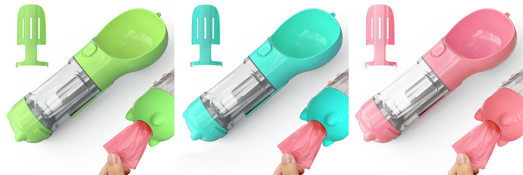 Portable Dog Water Bottle, Outdoor Dog Water Dispenser with Poop Bag, Pet Travel Water Bottle Dispenser with Drinking Feeder and Food Container for Dogs Walk Travel