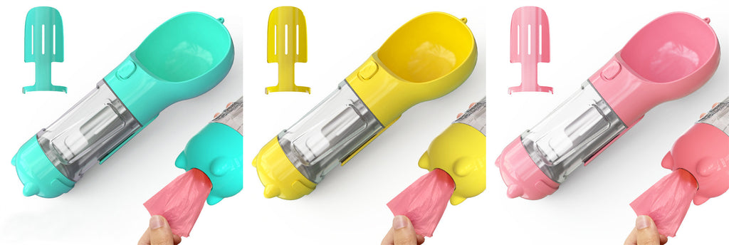 Portable Dog Water Bottle, Outdoor Dog Water Dispenser with Poop Bag, Pet Travel Water Bottle Dispenser with Drinking Feeder and Food Container for Dogs Walk Travel